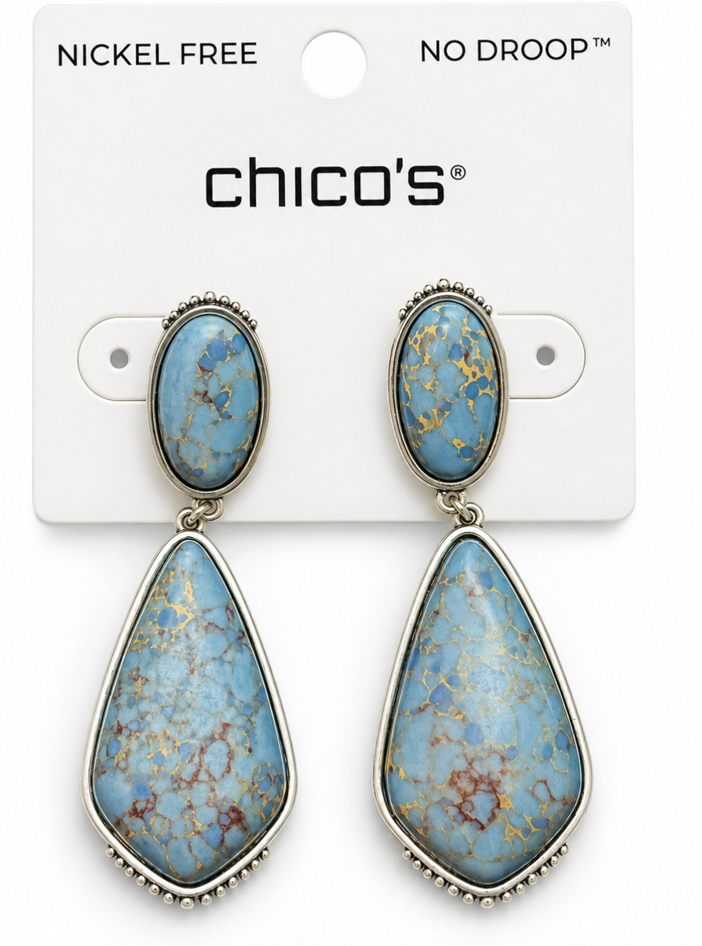 NEW CHICO'S BLUE SILVER DROP NO DROOP EARRINGS